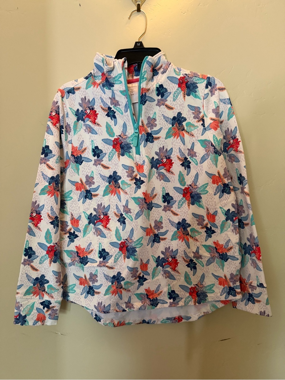 Vera Bradley White Floral Quarter-Zip Sweatshirt with Blue, Teal & Coral Accents